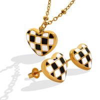 Fashionable New Jewelry Set Heart-shaped Acrylic Chessboard Plaid Titanium Steelnecklace Earrings main image 3