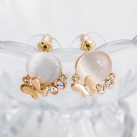 Fashion Ball Shape Opal Butterfly Inlaid Rhinestone Stud Earrings main image 2