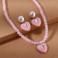 Fashion Creative Vintage Pearl Crystal Heart Shaped Earrings Necklace Set sku image 1