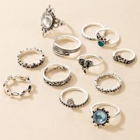Ornament Fashion Sapphire Opal Leaves Elephant Water Drop Turquoise Alloy Ring Twelve-piece Set main image 3