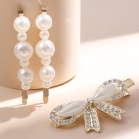 New Style Pearl Bow Hairpin Rhinestone Duckbill Clip 3-piece Set sku image 1