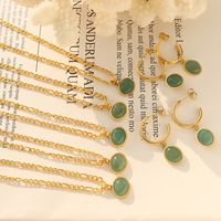 Fashion Green Agate Clavicle Necklace Earrings Titanium Steel 18k Gold Accessories Set main image 3