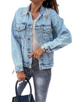 Washed Long Sleeve Lapel Tassel Loose Short Denim Coat main image 2