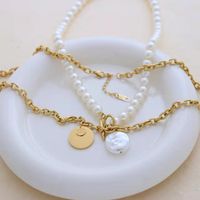 Pearl Necklace Simple Round Pendant Two-piece Set Twin Stainless Steel Neck Chain main image 1