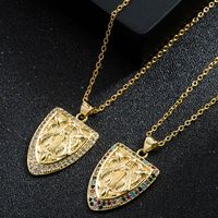 Europe And America Cross Border Trend Shield-shaped Character Pendant Necklace Copper Plated Real Gold Inlaid Zircon Temperament Personalized Clavicle Chain main image 5