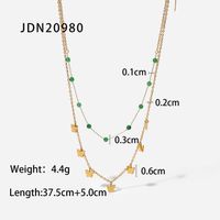 Fashion 18k Gold Stainless Steel Ornament Green Stone Small Beads Butterfly Tassel Double Titanium Steel Necklace sku image 1