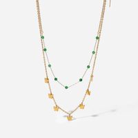 Fashion 18k Gold Stainless Steel Ornament Green Stone Small Beads Butterfly Tassel Double Titanium Steel Necklace main image 2