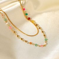 Fashion Colorful Stone Beads 18k Gold Stainless Steel Ball Bead Snake Chain Double Layer Titanium Steel Necklace main image 1