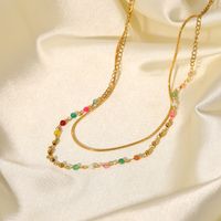 Fashion Colorful Stone Beads 18k Gold Stainless Steel Ball Bead Snake Chain Double Layer Titanium Steel Necklace main image 2