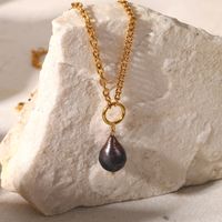 Fashion Black Pearl Pendant 18k Gold Plated Stainless Steel Necklace main image 6