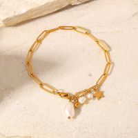 Fashion 18k Gold Plated Star Pearl Tassel Pendant Cross Chain Stainless Steel Bracelet Women main image 6