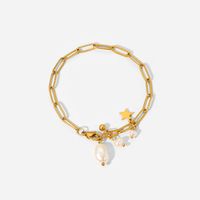 Fashion 18k Gold Plated Star Pearl Tassel Pendant Cross Chain Stainless Steel Bracelet Women main image 4