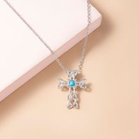 Fashion Hollow Cross Inlaid Turquoise Pendant Alloy Necklace main image 6