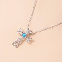 Fashion Hollow Cross Inlaid Turquoise Pendant Alloy Necklace main image 2