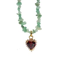 Vintage Ruby Heart-shaped Pendant Green Dongling Stone Beaded Clavicle Chain Necklace main image 2