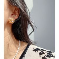 Vintage Elegant Flower Hollow Carved Pearl Gold Stud Earrings Sterling Silver Needle main image 4