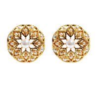 Vintage Elegant Flower Hollow Carved Pearl Gold Stud Earrings Sterling Silver Needle main image 2