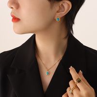 Fashion Turquoise Opal Pendant Titanium Steel Necklace And Earrings Suite sku image 6