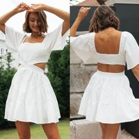 Tiered Skirt Commute Patchwork Short Sleeve Solid Color Above Knee main image 1