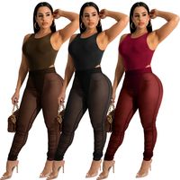Round Neck Sleeveless High Waist Tight Solid Color Midriff See-through One-piece Top And Trousers Set main image 5