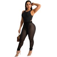 Round Neck Sleeveless High Waist Tight Solid Color Midriff See-through One-piece Top And Trousers Set main image 1