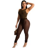 Round Neck Sleeveless High Waist Tight Solid Color Midriff See-through One-piece Top And Trousers Set main image 4