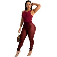 Round Neck Sleeveless High Waist Tight Solid Color Midriff See-through One-piece Top And Trousers Set sku image 7