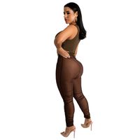 Round Neck Sleeveless High Waist Tight Solid Color Midriff See-through One-piece Top And Trousers Set sku image 11