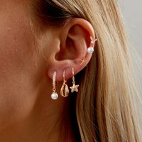 Fashion Simple Earrings Copper Plating 18k Gold Cute Starfish Shell Zircon Six-piece Earrings Set main image 1