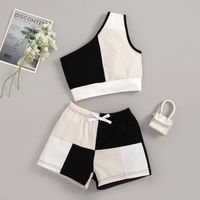 Summer Girls' Oblique Shoulder Tops Color Matching Shorts Children's  Suit sku image 1