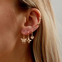 Simple Copper 18k Gold Plated Inlaid Zircon Butterfly Heart Flowers Earrings Six-piece Set main image 1