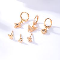 Simple Copper 18k Gold Plated Inlaid Zircon Butterfly Heart Flowers Earrings Six-piece Set sku image 1