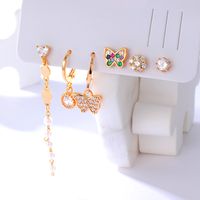 Creative Copper 18k Gold Plated Inlaid Zircon Butterfly Round Tassel Earrings Six-piece Set main image 2