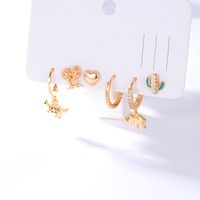 Fashion Creative Copper 18k Gold Plated Inlaid Zircon Elephant Dinosaur Cactus Heart Earrings Six-piece Set main image 2