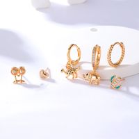 Fashion Creative Copper 18k Gold Plated Inlaid Zircon Elephant Dinosaur Cactus Heart Earrings Six-piece Set sku image 1