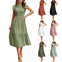 Sexy Commute Round Neck Pleated Short Sleeve Solid Color Maxi Long Dress main image 1