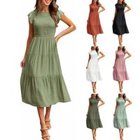 Sexy Pendeln Rundhals Falten Kurzarm Einfarbig Maxi Langes Kleid main image 1