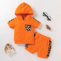 Fashion Summer Casual Sports Leopard Print Solid Color Hooded Children's Two-piece Suit main image 1