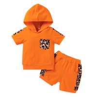 Fashion Summer Casual Sports Leopard Print Solid Color Hooded Children's Two-piece Suit sku image 1