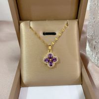 Fashion New Micro Inlaid Zircon Amethyst Four-leaf Pendant Titanium Steel Clavicle Chain Necklace main image 1
