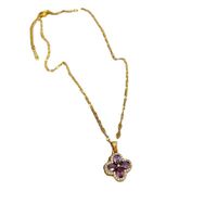Fashion New Micro Inlaid Zircon Amethyst Four-leaf Pendant Titanium Steel Clavicle Chain Necklace sku image 1