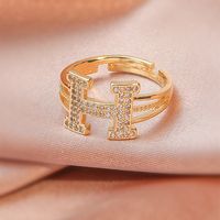 Fashion Zircon Rhinestone Letter H Open-end Copper Ring main image 3