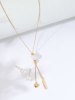 Fashion Ornament Stainless Steel Plated 18k Gold Pearl Telescopic Tassel Necklace Pearl Earrings Set main image 1