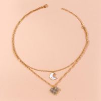 2022 Spring New Diamond-studded Heart Moon Pendant Double-layer Necklace sku image 2