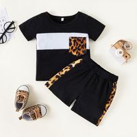 Fashion Summer New Casual Leopard Print Solid Color Stitching Two-piece Children's Suit main image 1