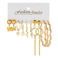 Elegant Creative Butterfly Snake Pearl Pendant O-shape Alloy Earrings 5-pieces Set main image 2