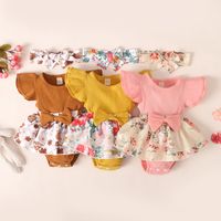 Fashion Baby Sunken Stripe Flounced Sleeve Floral Rompers Jumpsuit main image 1