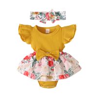 Fashion Baby Sunken Stripe Flounced Sleeve Floral Rompers Jumpsuit sku image 6