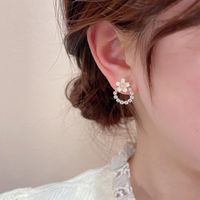 Fashion Pink Cherry Blossom Flower Summer Pearl Circle Alloy Ear Studs main image 3