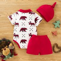 Summer New Baby Elk Bear Arrow Printed Bow Gentleman One-piece Romper + Solid Color Shorts Hat Three-piece Set main image 2